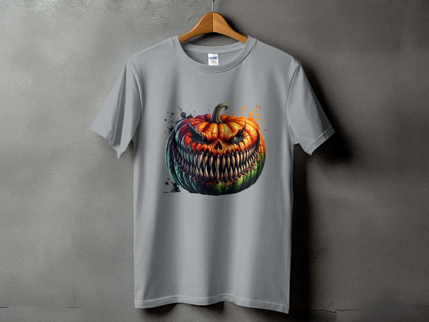 T-shirt with a scary, detailed jack-o'-lantern graphic and paint splatters.