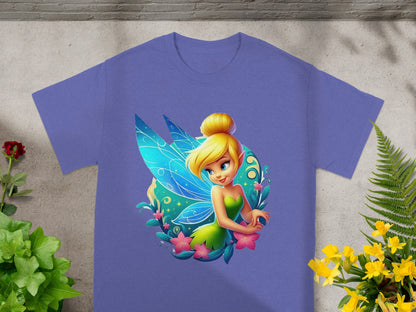 Purple t-shirt with a graphic of Tinkerbell surrounded by flowers and leaves.
