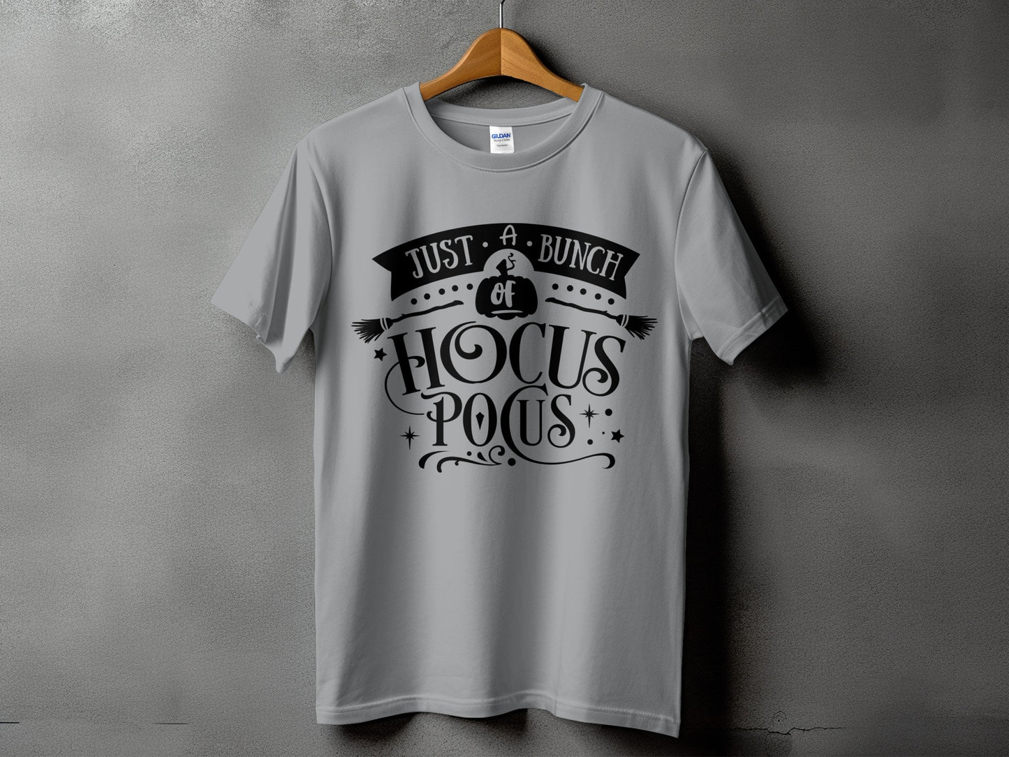 Grey t-shirt with "Just a bunch of Hocus Pocus" Halloween graphic.