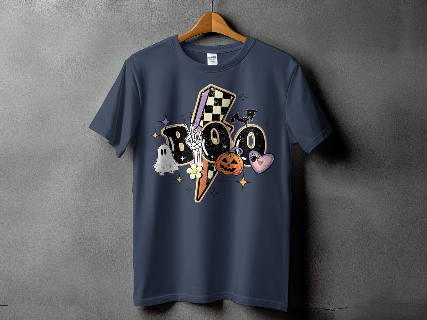 Dark blue t-shirt with "BOO" and Halloween graphics including ghost, pumpkin, and bat.