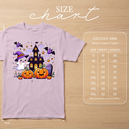 Lilac t-shirt with a Halloween graphic and a GILDAN 5000 Heavy Cotton T-shirt size chart.