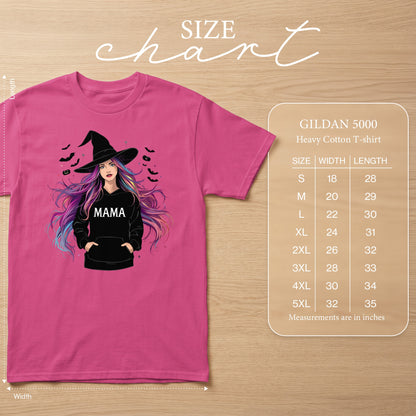 Pink t-shirt with a witch graphic and a Gildan 5000 size chart.