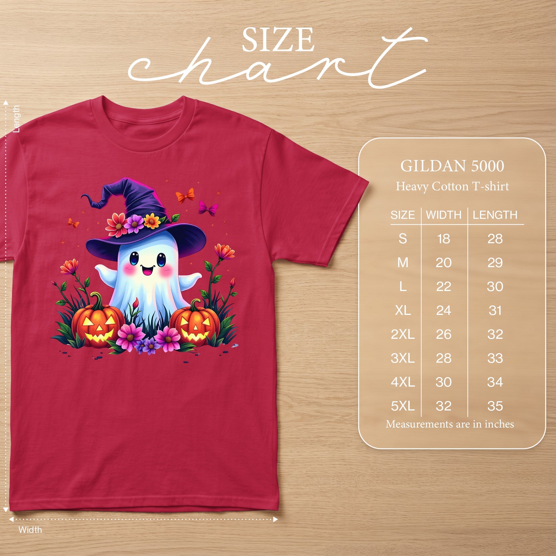 Red t-shirt with cute ghost wearing witch hat, pumpkins, and flowers. Size chart included.
