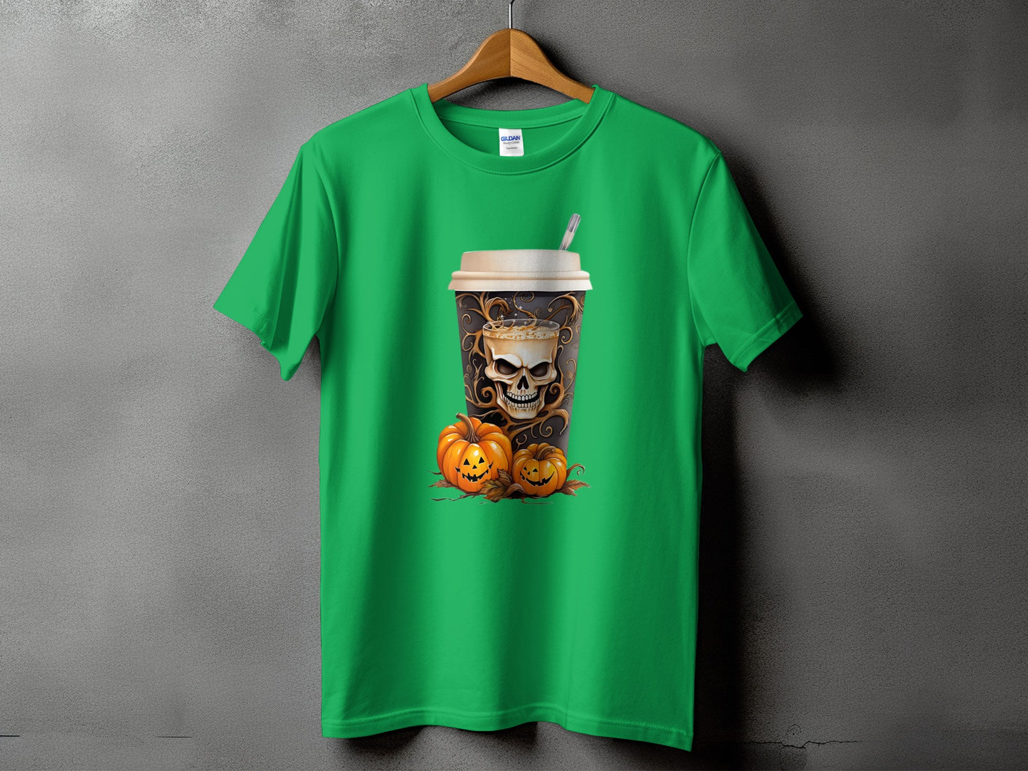 Green t-shirt with a skull coffee cup and two pumpkins graphic.