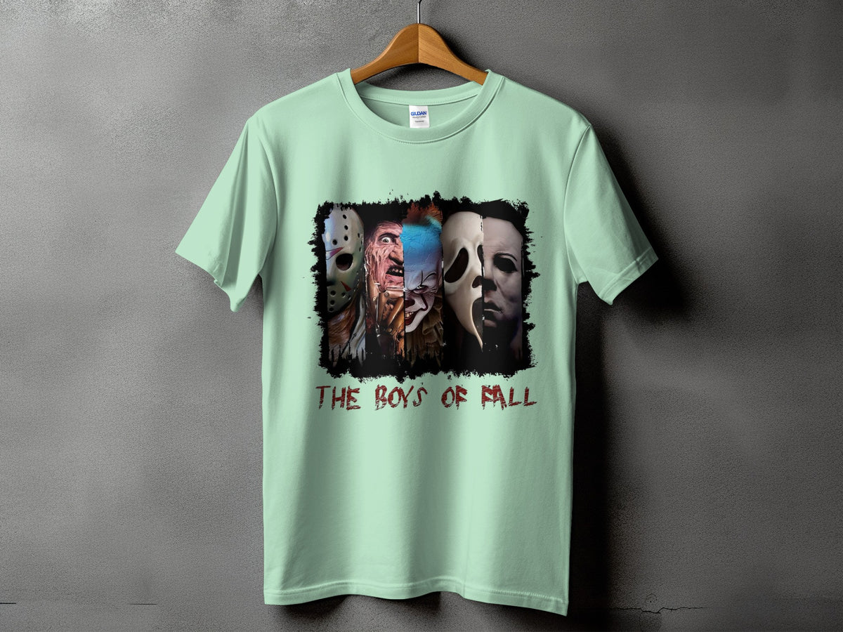Light green t-shirt with horror villains collage and "The Boys of Fall" text.