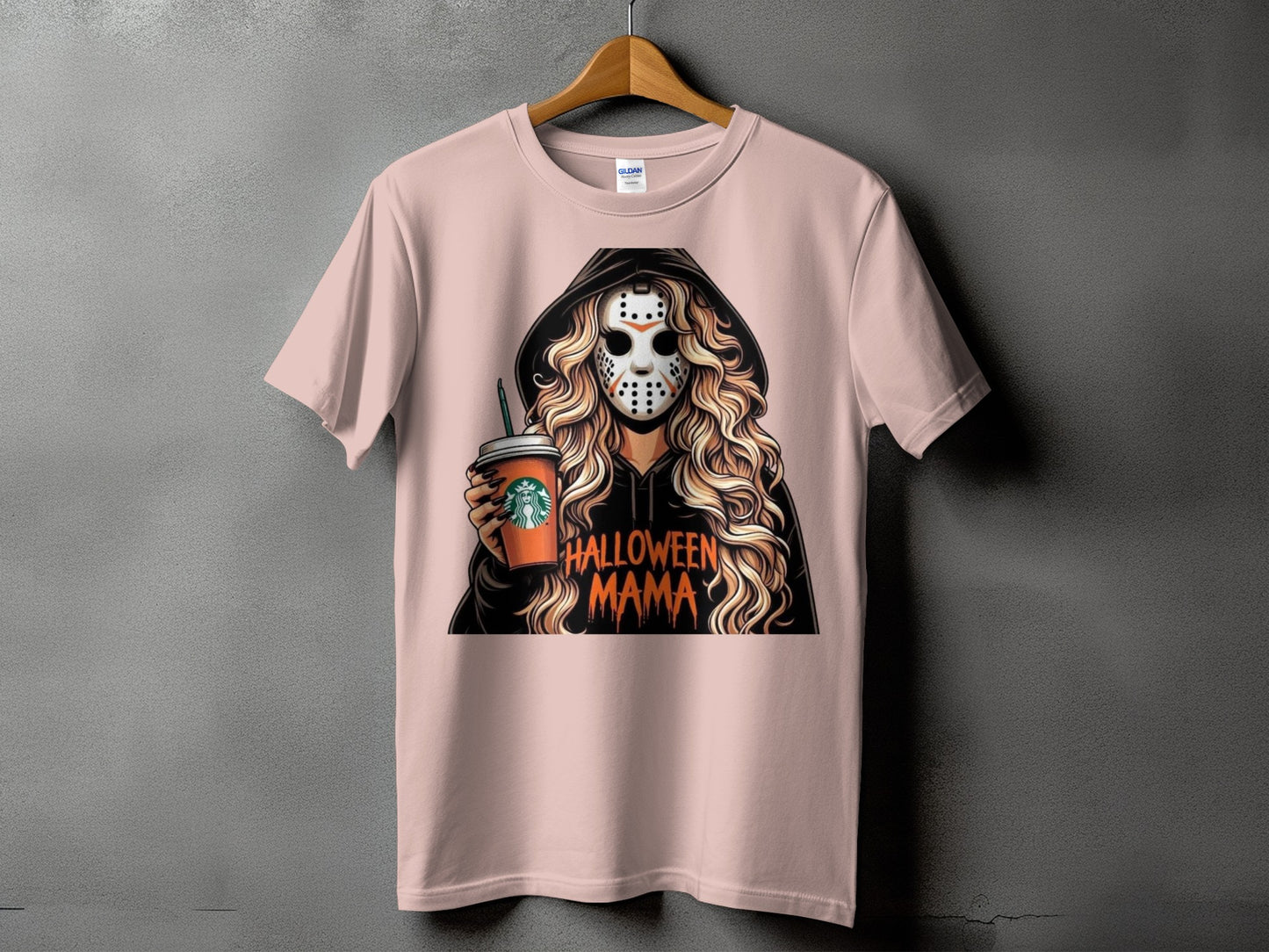 T-shirt graphic of woman in hockey mask holding Starbucks cup, "Halloween Mama".