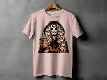 T-shirt graphic of woman in hockey mask holding Starbucks cup, "Halloween Mama".