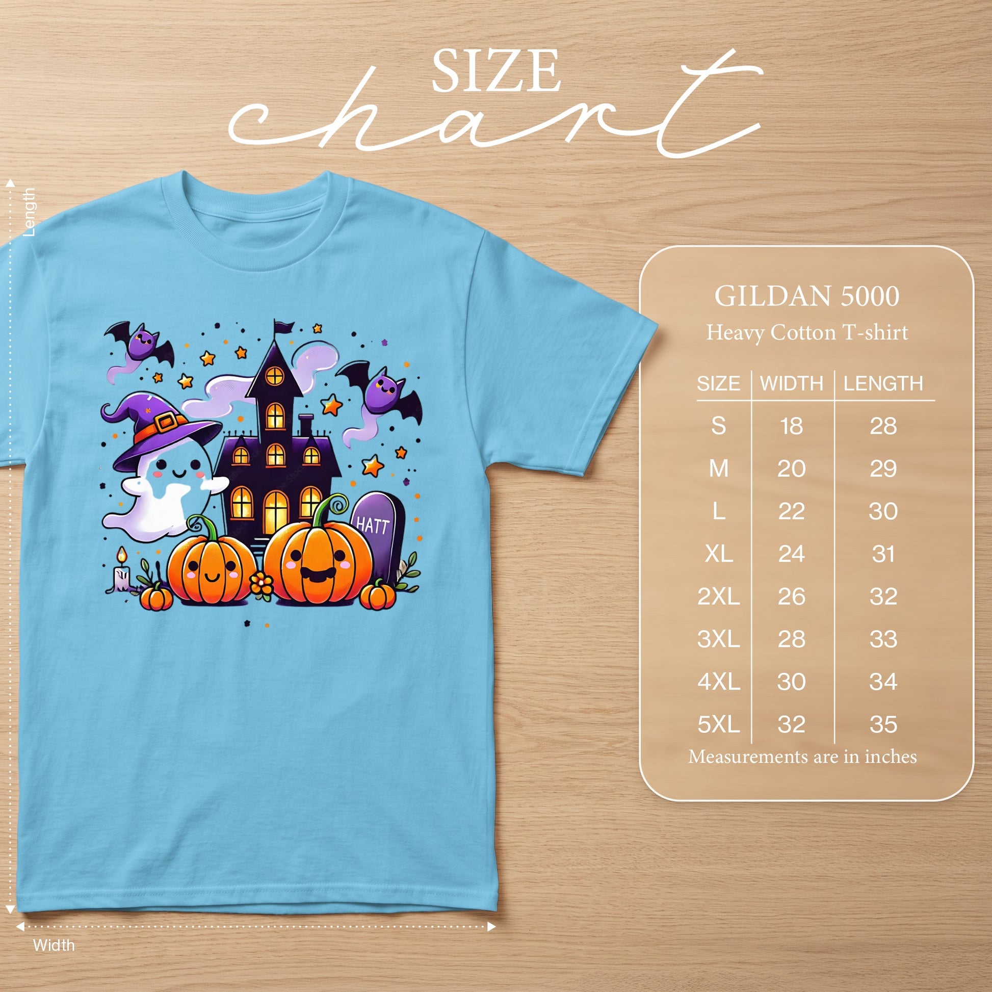 Light blue Gildan 5000 t-shirt with Halloween graphic and size chart.