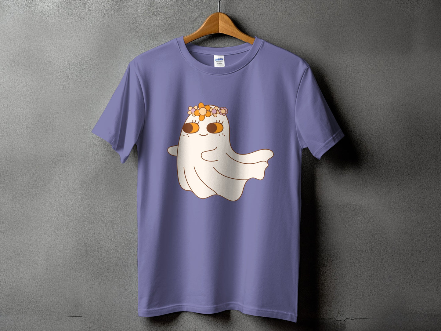 Purple t-shirt with a cute ghost wearing a flower crown graphic.