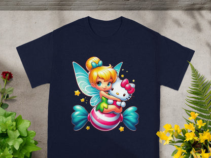 Fairy character hugging Hello Kitty on a candy stripe lollipop t-shirt graphic.