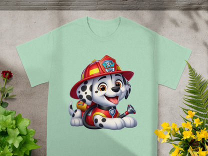 Marshall from Paw Patrol wearing his firefighter helmet and gear.