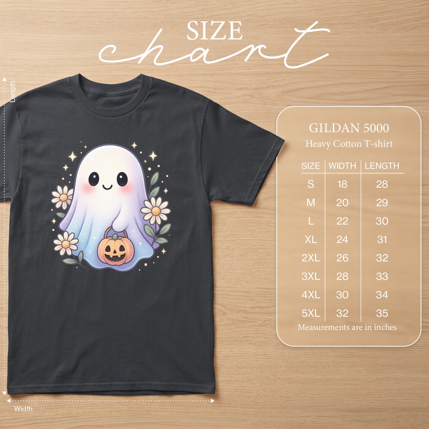 Gildan 5000 Heavy Cotton T-shirt size chart with cartoon ghost design.