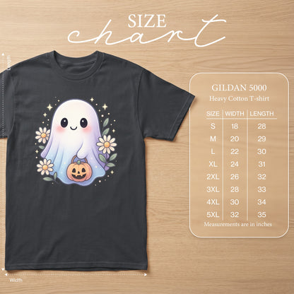 Gildan 5000 Heavy Cotton T-shirt size chart with cartoon ghost design.