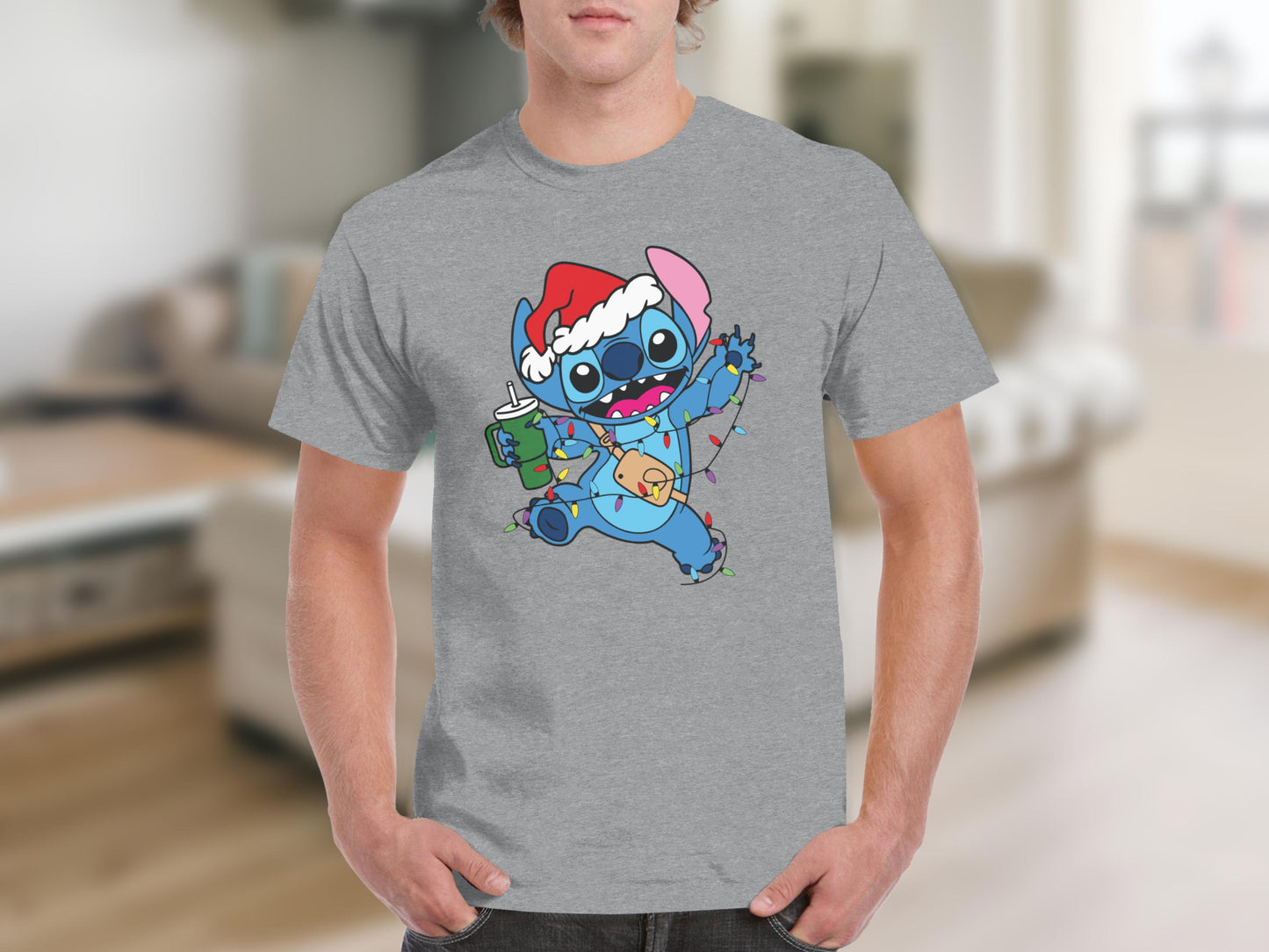 Stitch in Santa Hat Holding Soda and Lights T-shirt