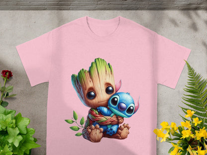 Groot and Stitch hugging, printed on a pink t-shirt.