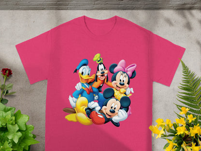 Pink t-shirt with Mickey Mouse, Minnie Mouse, Donald Duck, and Goofy cartoon characters.
