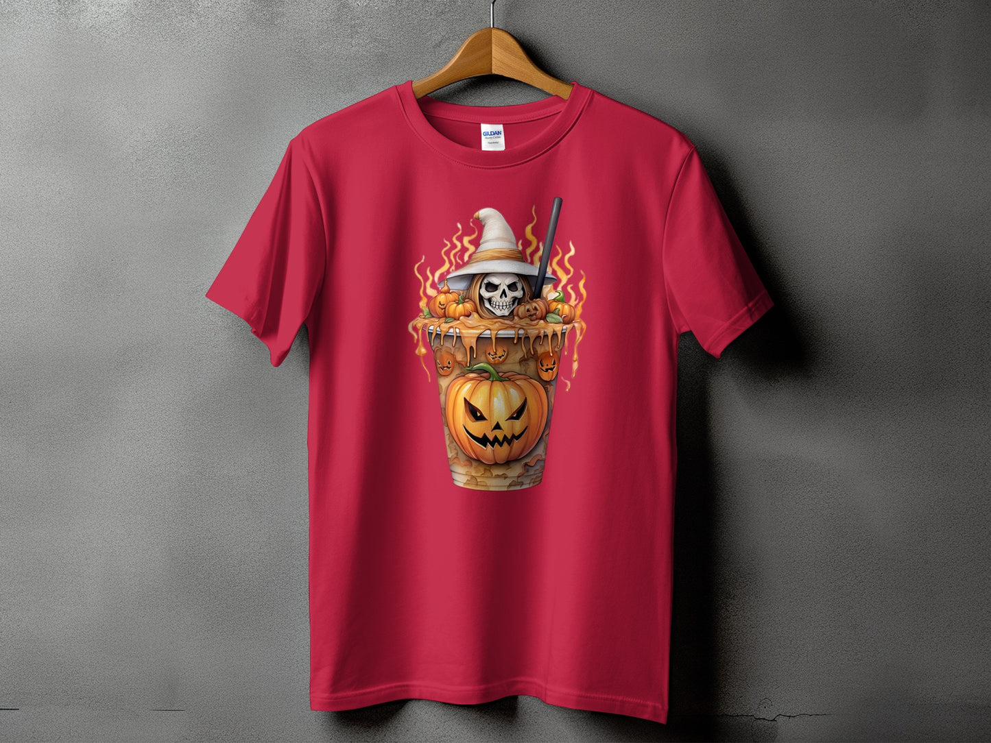 Crimson t-shirt featuring a Halloween coffee cup with a skull, pumpkins, and flames.