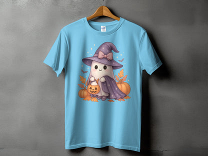 Light blue t-shirt with a cute ghost in a witch hat, holding a pumpkin bucket.