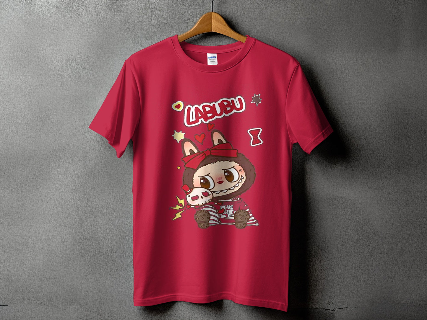 Red t-shirt with Labubu character and text "LABUBU"