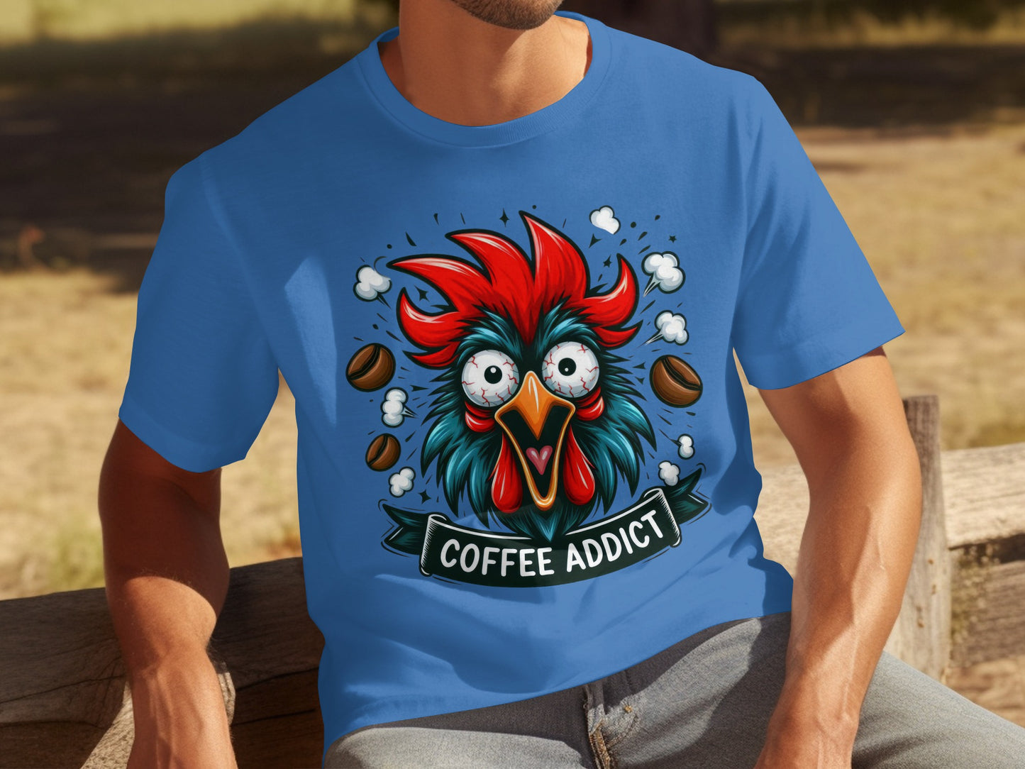 Coffee Addict Rooster Funny Graphic T-Shirt