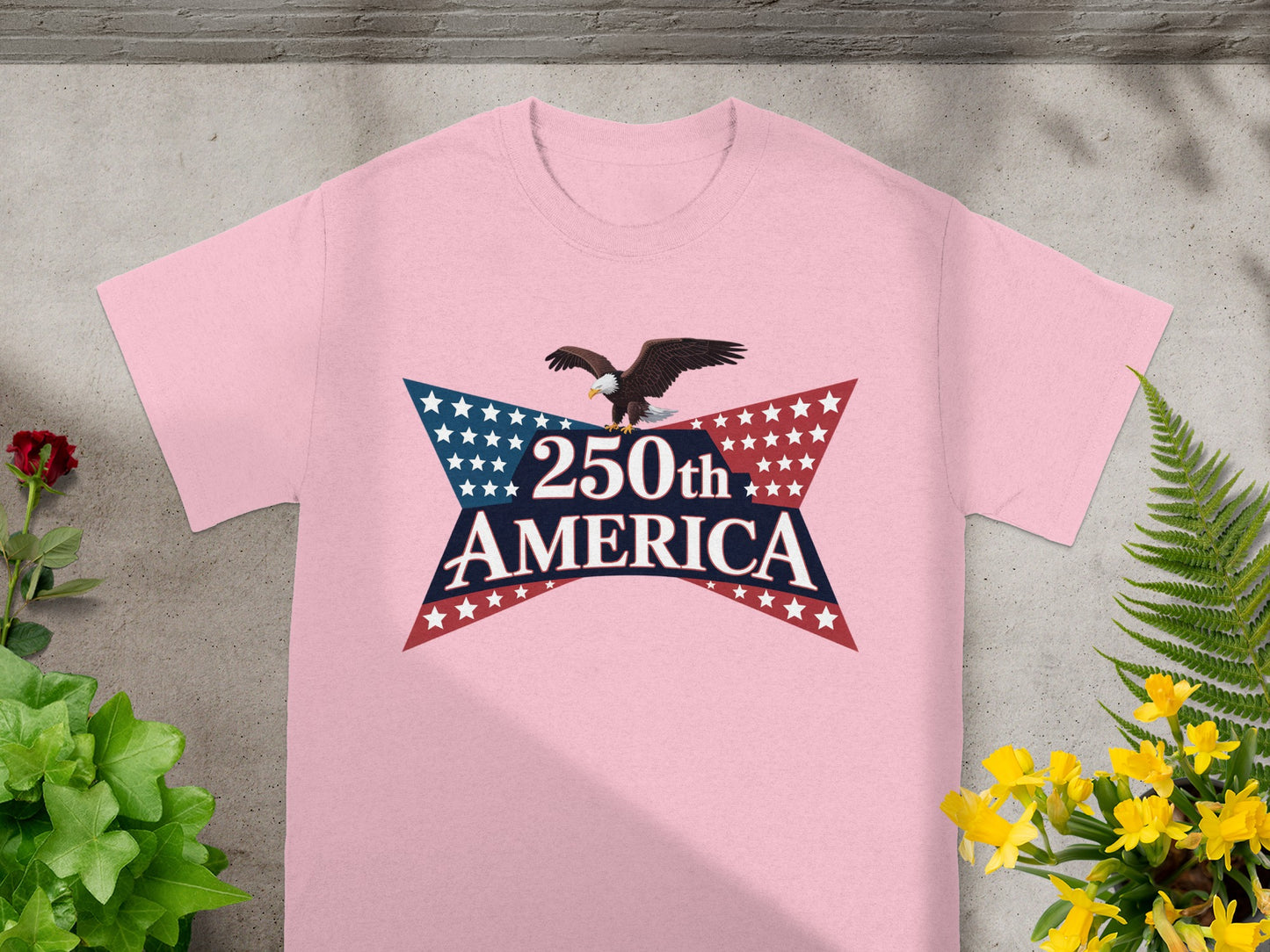 Pink t-shirt with eagle and "250th America" on a starburst design.
