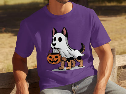 Cute Halloween Dog in Ghost Costume Purple Shirt