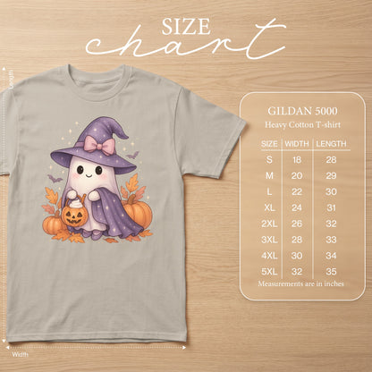 Gildan 5000 Heavy Cotton T-shirt size chart with ghost graphic and measurements.