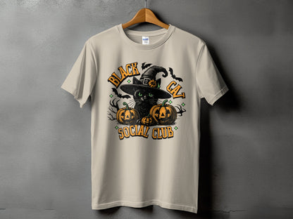 Black cat in witch hat with pumpkins, text "BLACK CAT SOCIAL CLUB"