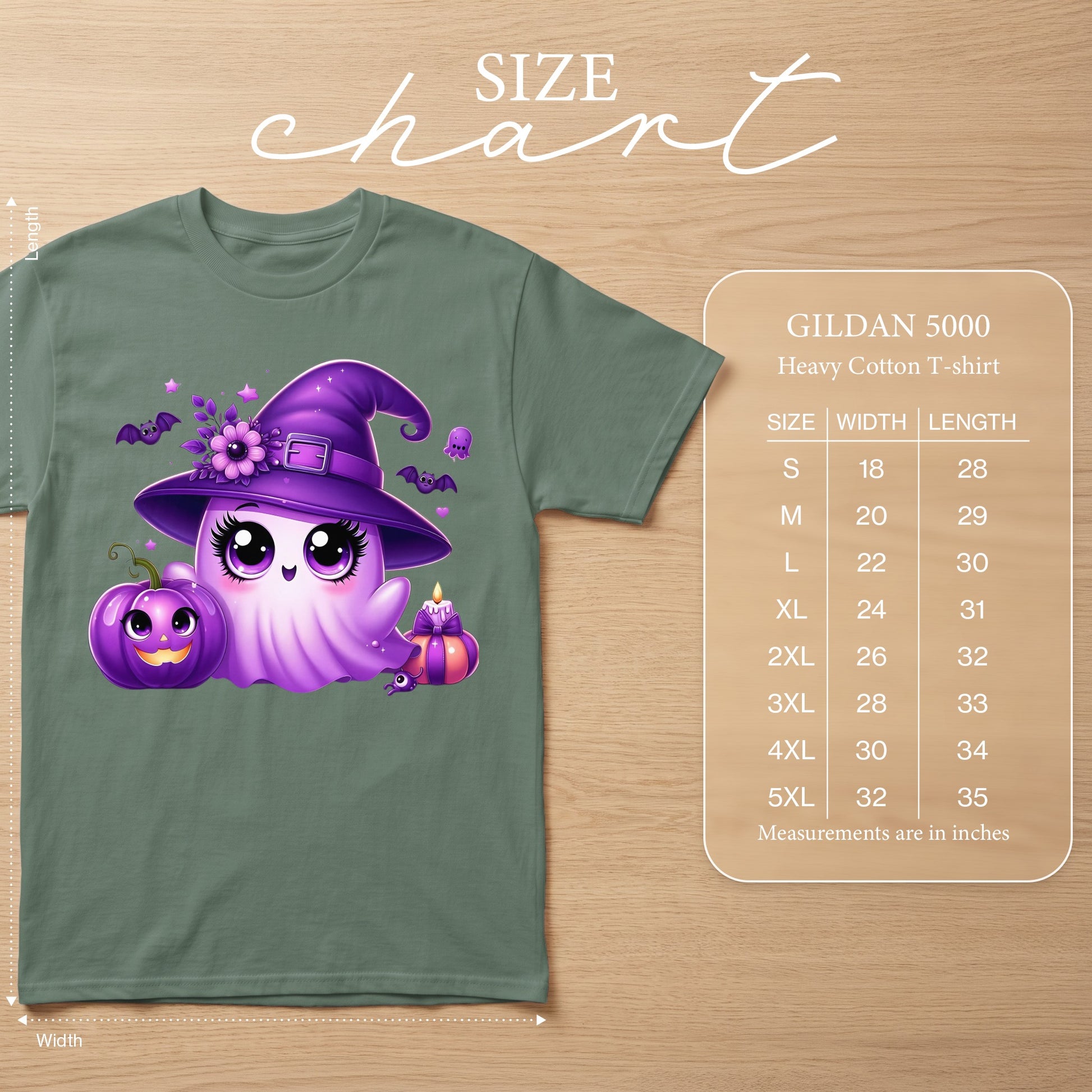 Gildan 5000 Heavy Cotton T-shirt size chart with measurements in inches.