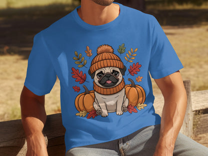 Cute Pug with Pumpkins and Autumn Leaves T-shirt