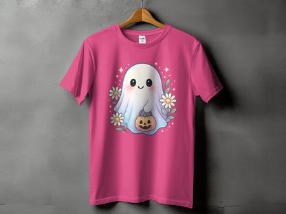 Pink t-shirt with a cute ghost holding a jack-o'-lantern, surrounded by flowers.