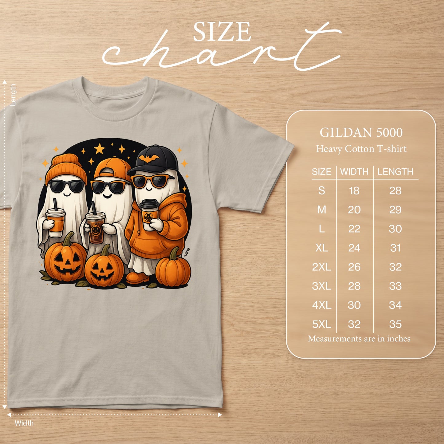 T-shirt with Halloween ghosts, pumpkins, and size chart.