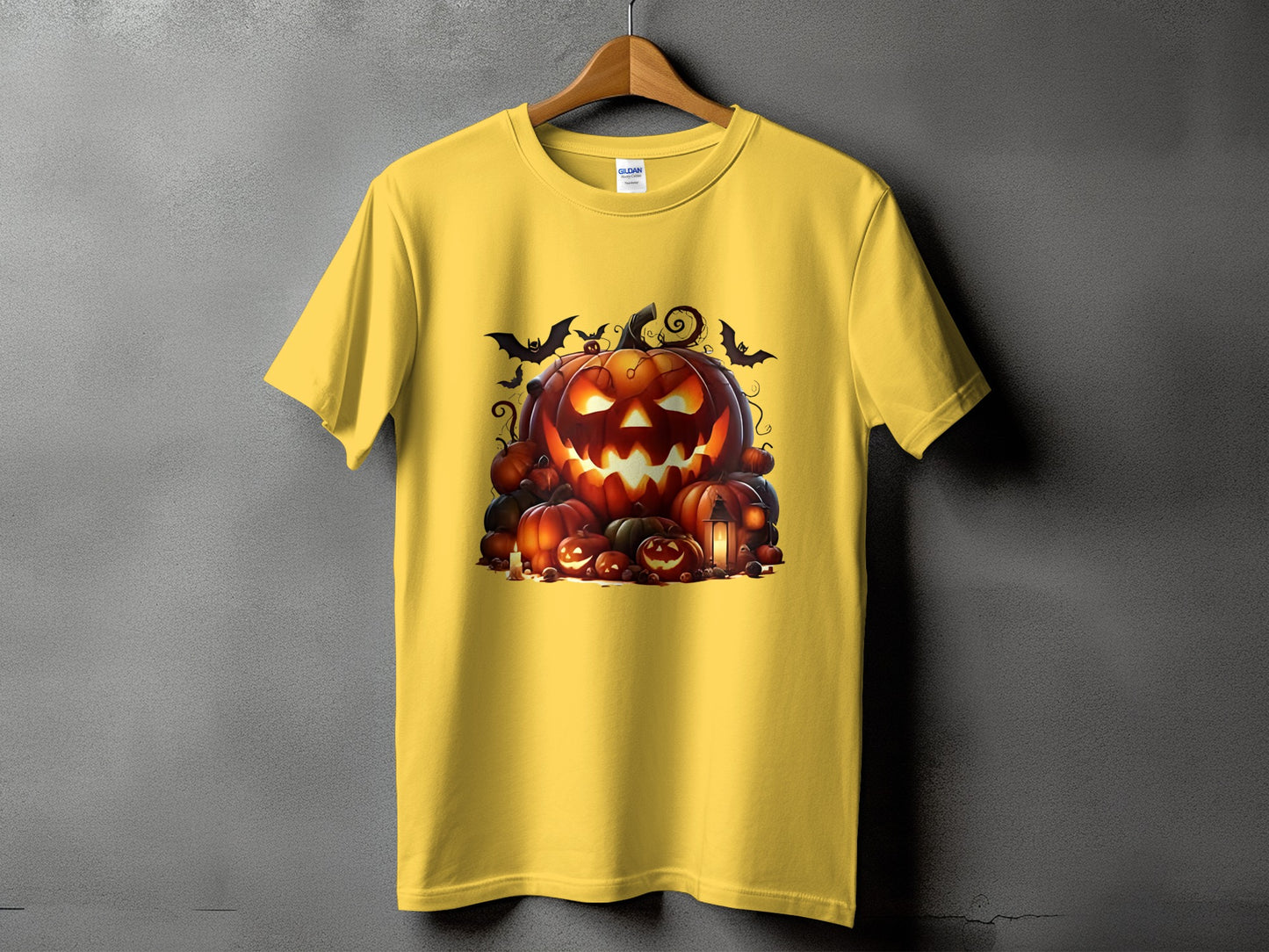 Yellow t-shirt with a heap of jack-o'-lanterns and bats graphic.