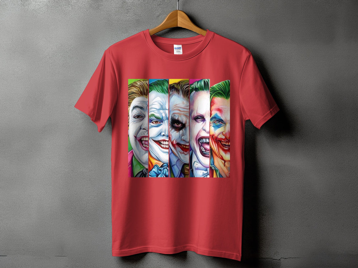 Red t-shirt with a graphic print of multiple Joker faces in panels.