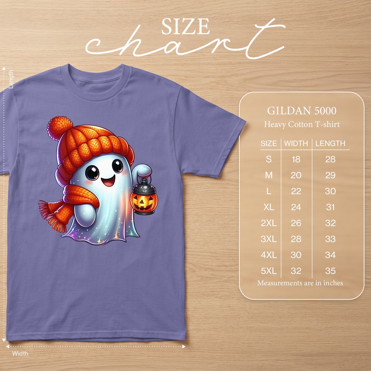 Gildan 5000 size chart for heavy cotton t-shirt with ghost graphic.