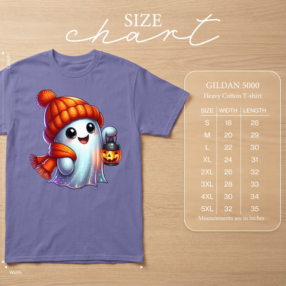 Gildan 5000 size chart for heavy cotton t-shirt with ghost graphic.
