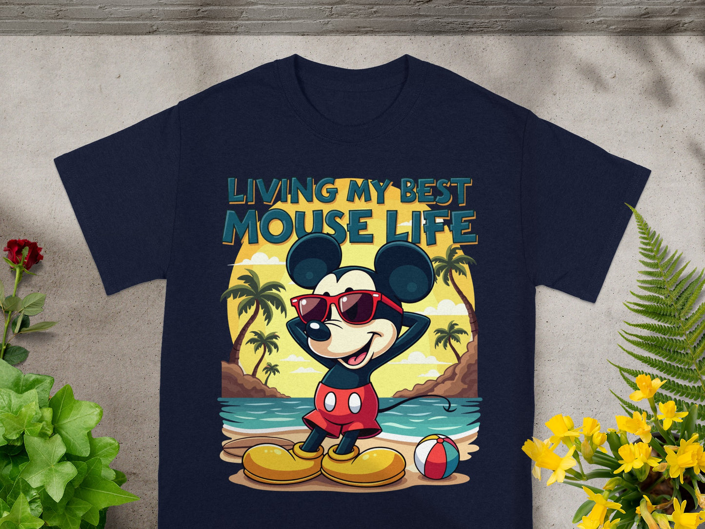 Mickey Mouse in sunglasses on a beach with text "Living My Best Mouse Life."