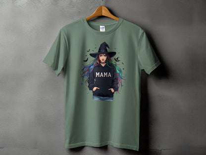 T-shirt graphic of a witch with "Mama" text on her hoodie, surrounded by bats.