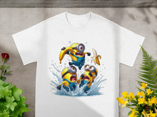 Three Minions characters in yellow shirts splashing water, holding bananas.