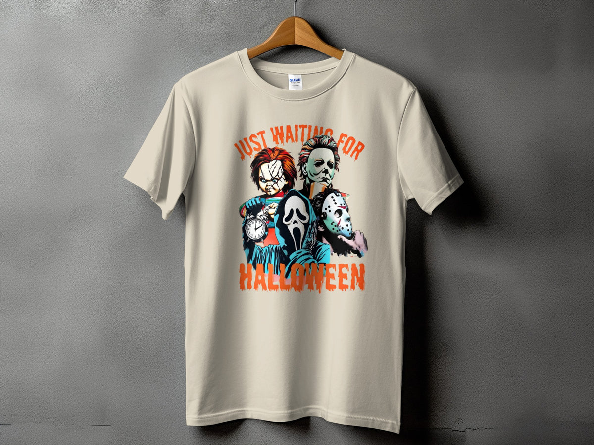 Light beige t-shirt with "Just Waiting For Halloween" text and horror characters.