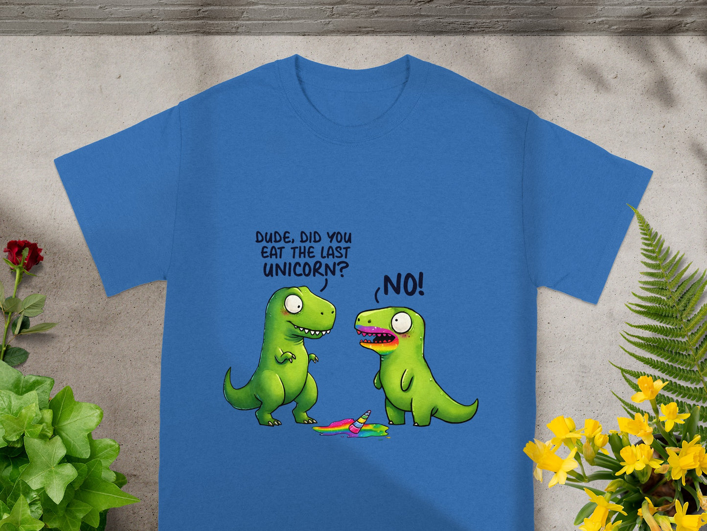 Cartoon dinosaurs with rainbow mouths, one asking if the other ate the last unicorn.