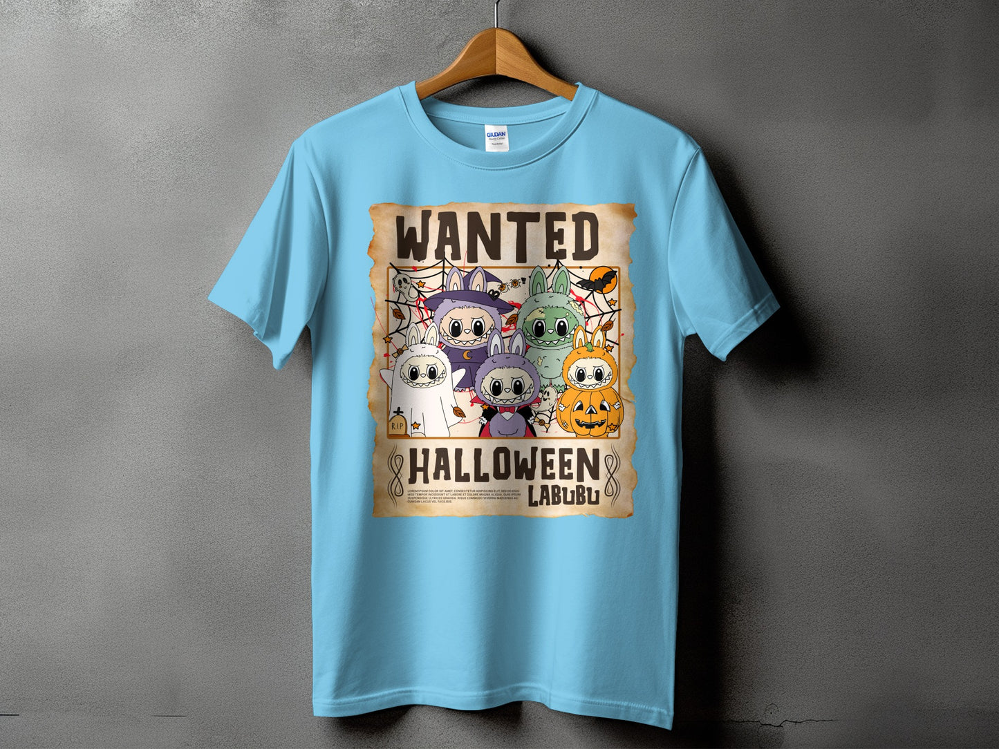 Light blue t-shirt with a Halloween "Wanted" poster featuring cartoon characters and the word "LABUBU".