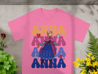Pink t-shirt with Anna from Frozen, "Anna" text.
