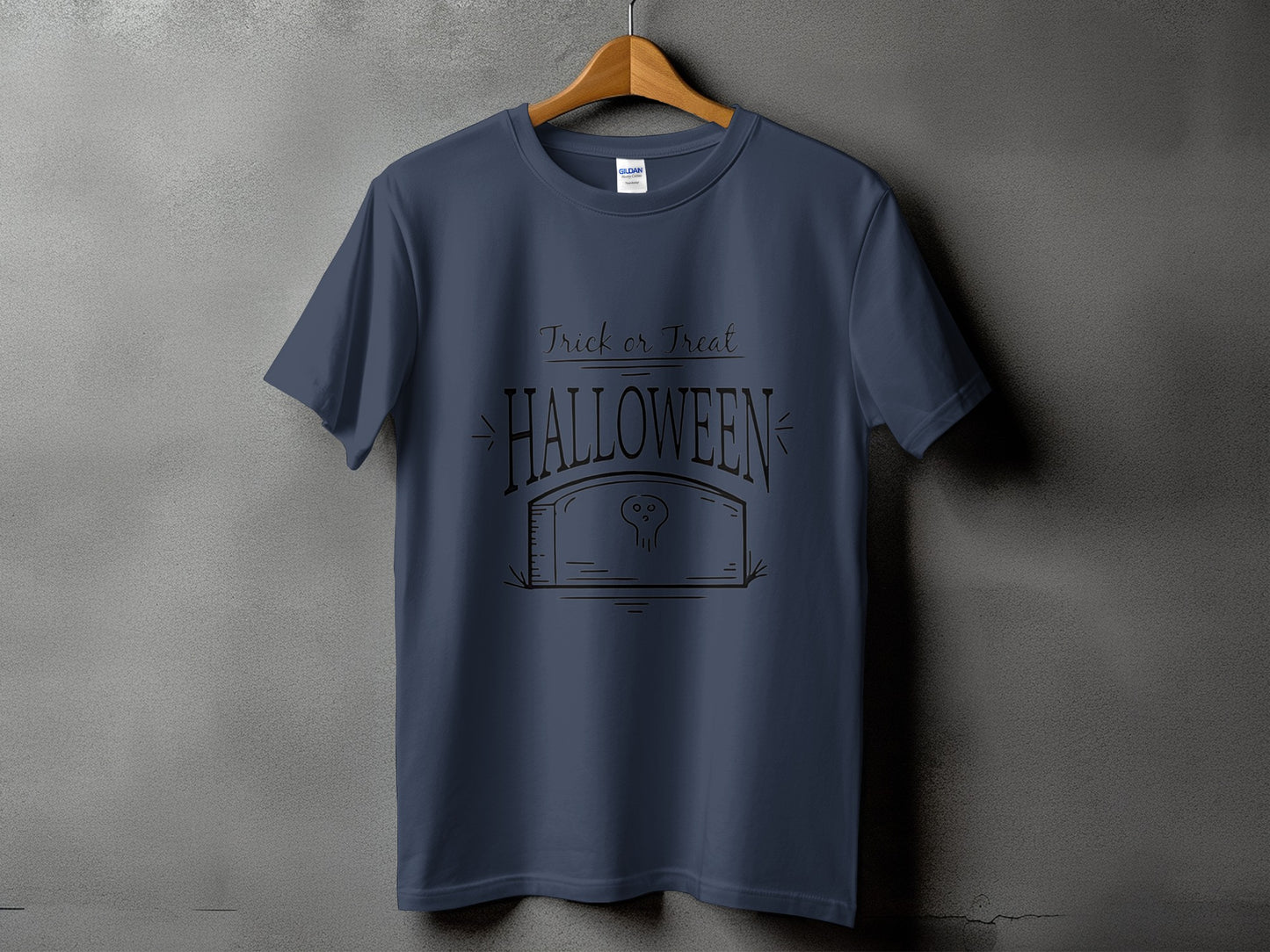 Dark blue t-shirt with "Trick or Treat Halloween" and a skull on a tombstone design.
