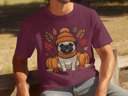 Pug in Sweater with Pumpkins and Leaves T-Shirt