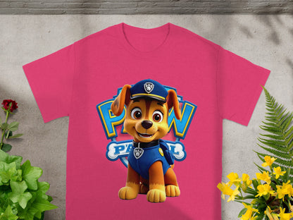 Pink t-shirt featuring Chase from Paw Patrol in his police uniform.