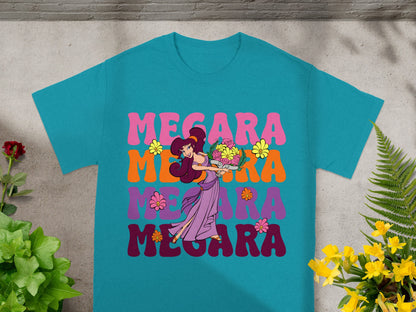 Teal t-shirt with Megara illustration and colorful text.