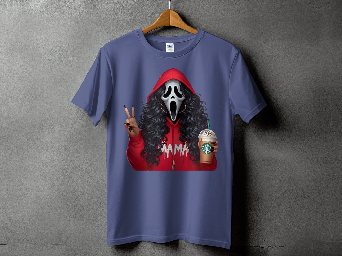 T-shirt with Ghostface holding Starbucks and giving peace sign.