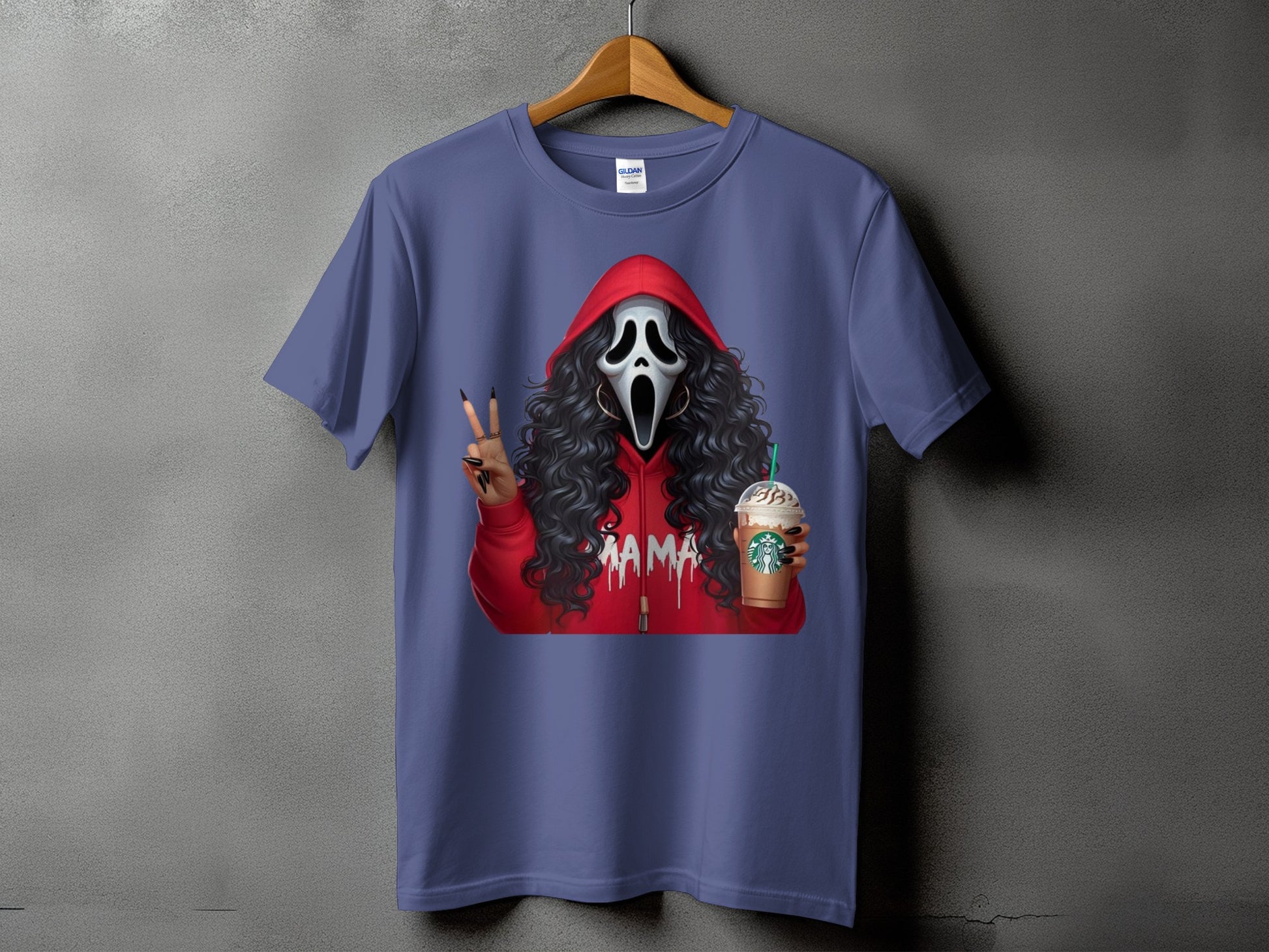T-shirt with Ghostface holding Starbucks and giving peace sign.