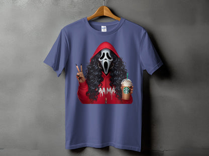 T-shirt with Ghostface holding Starbucks and giving peace sign.